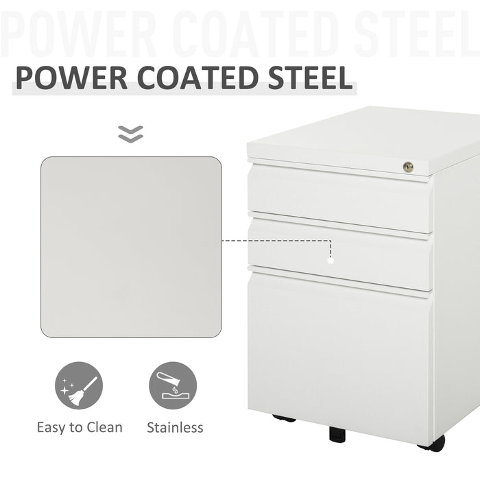 3-Drawer Mobile Vertical File Cabinet, Lockable Mobile Vertical File Cabinet, Under Desk Rolling Storage Cabinet, White