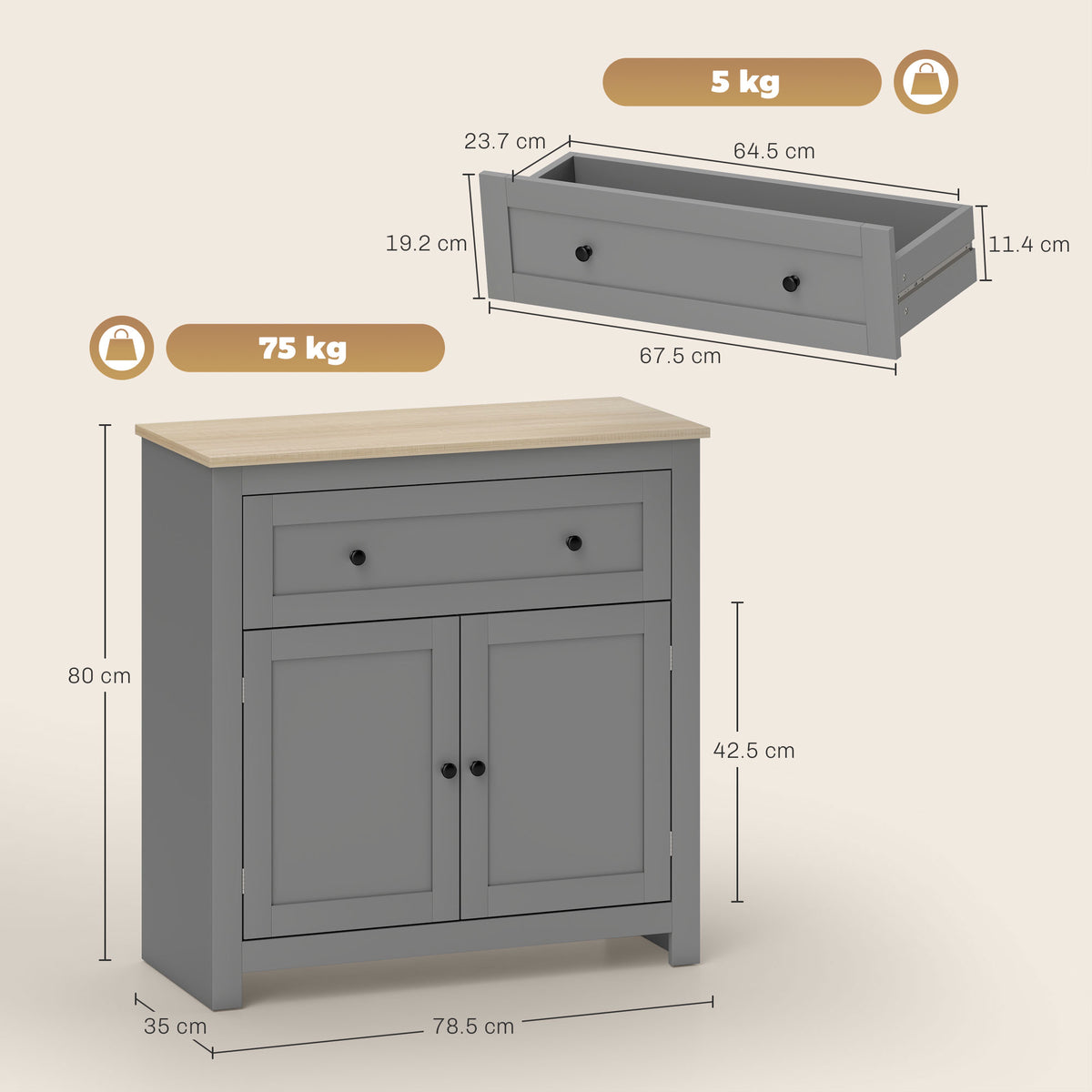 Sideboard Storage Cabinet with Adjustable Shelf, Drawer, Grey