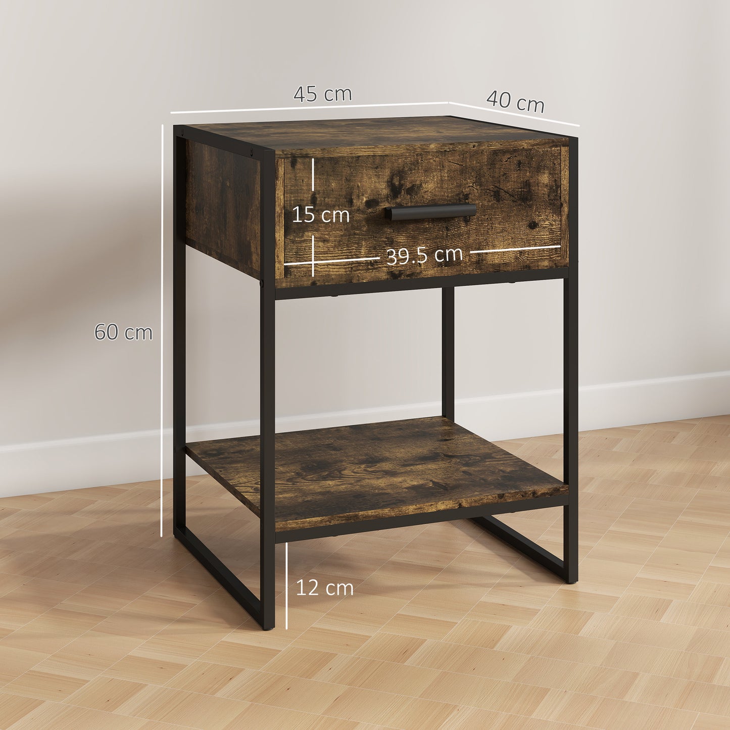 Modern Bedside Table, Nightstand with Drawer Shelf Rustic Brown