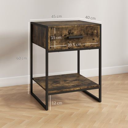Modern Bedside Table, Nightstand with Drawer Shelf Rustic Brown