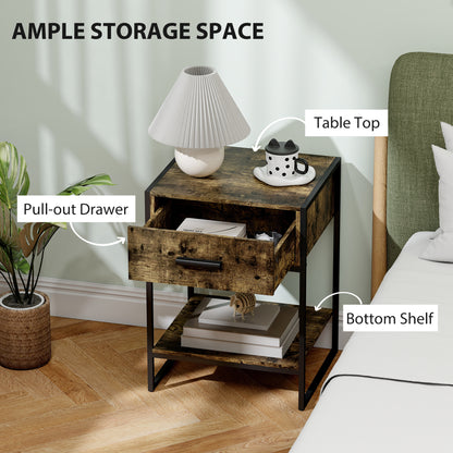 Modern Bedside Table, Nightstand with Drawer Shelf Rustic Brown