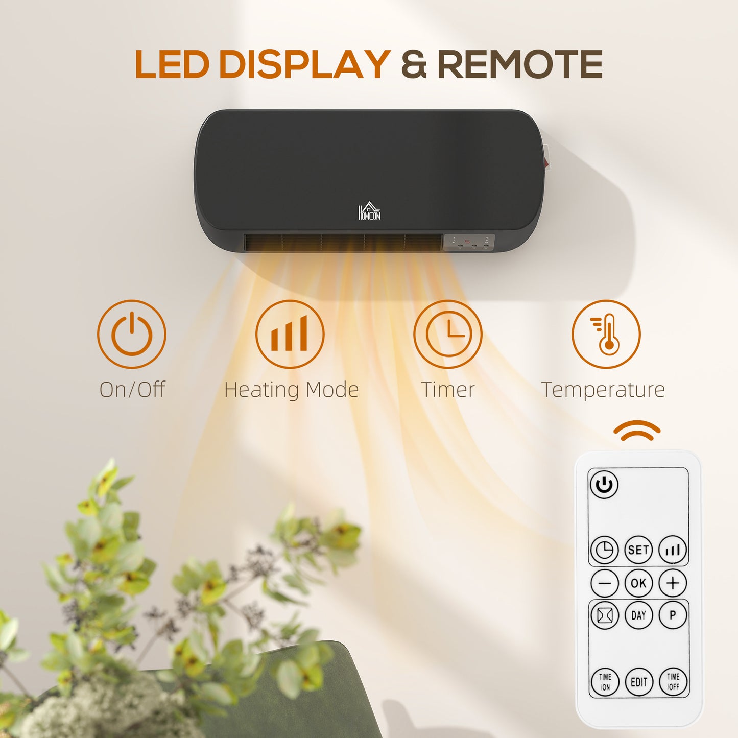 Wall Mounted Electric Heater with Timer Overheat Protection Black