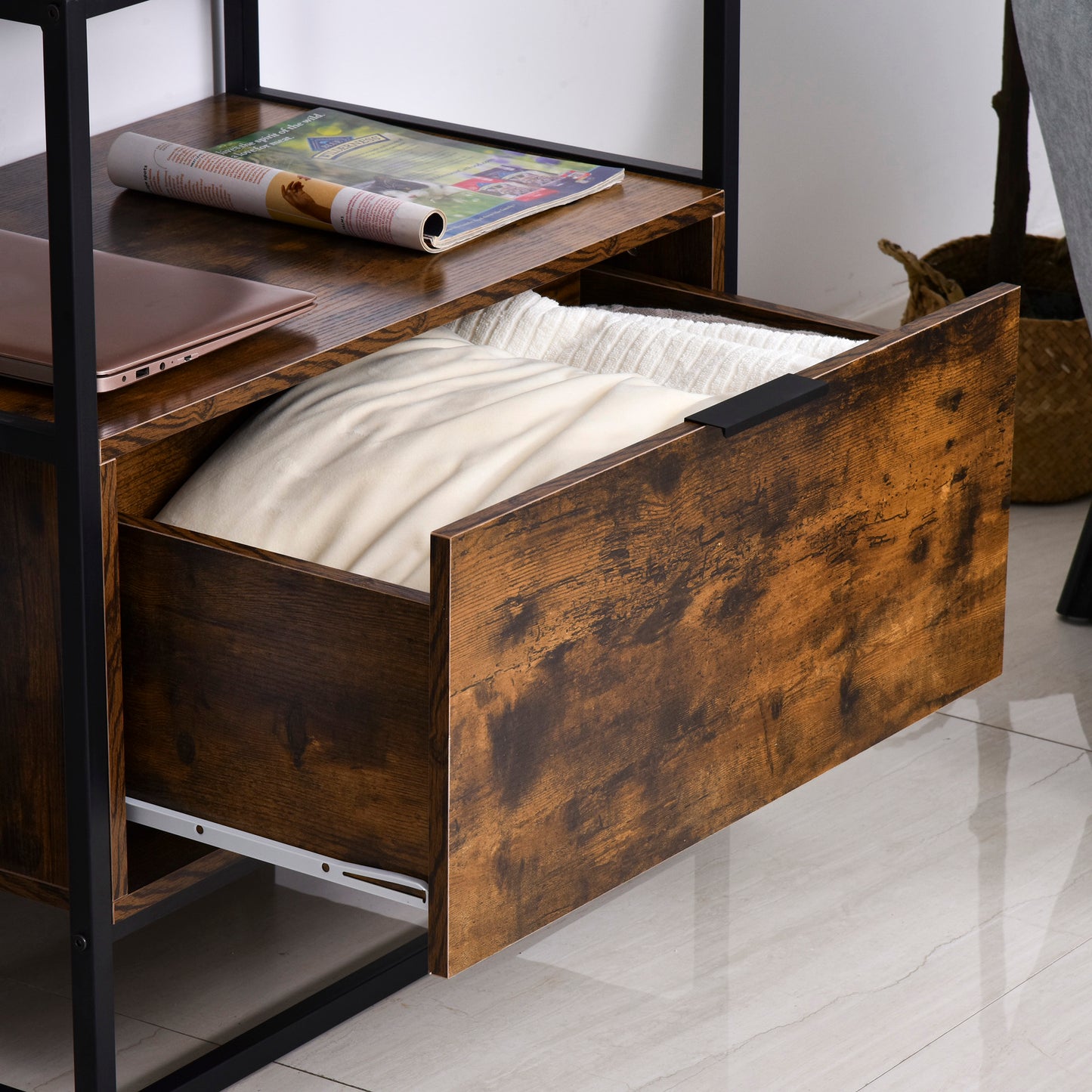 Industrial-Style Side Table w/ Drawer Open Shelf Steel Frame Base Retro