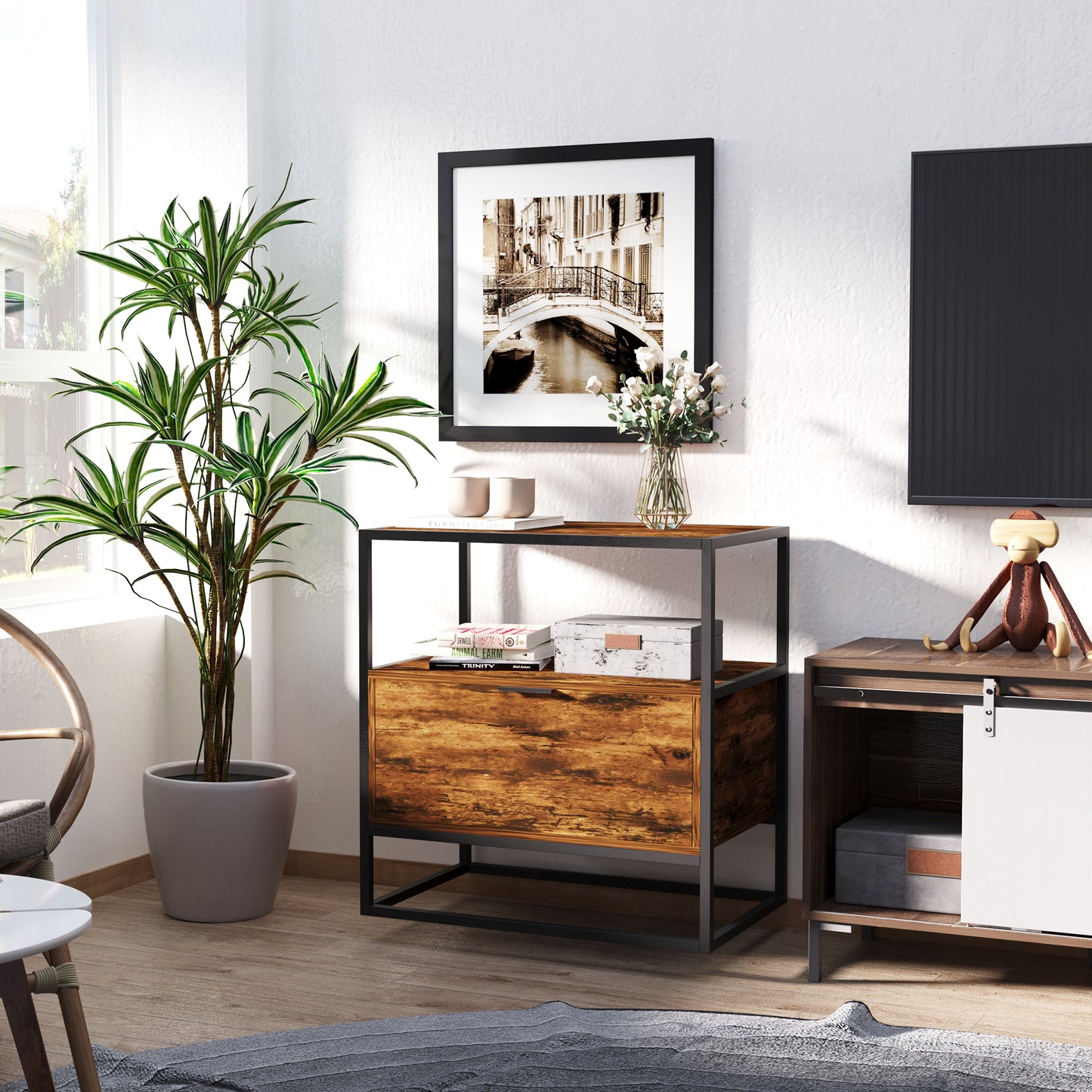 Industrial-Style Side Table w/ Drawer Open Shelf Steel Frame Base Retro