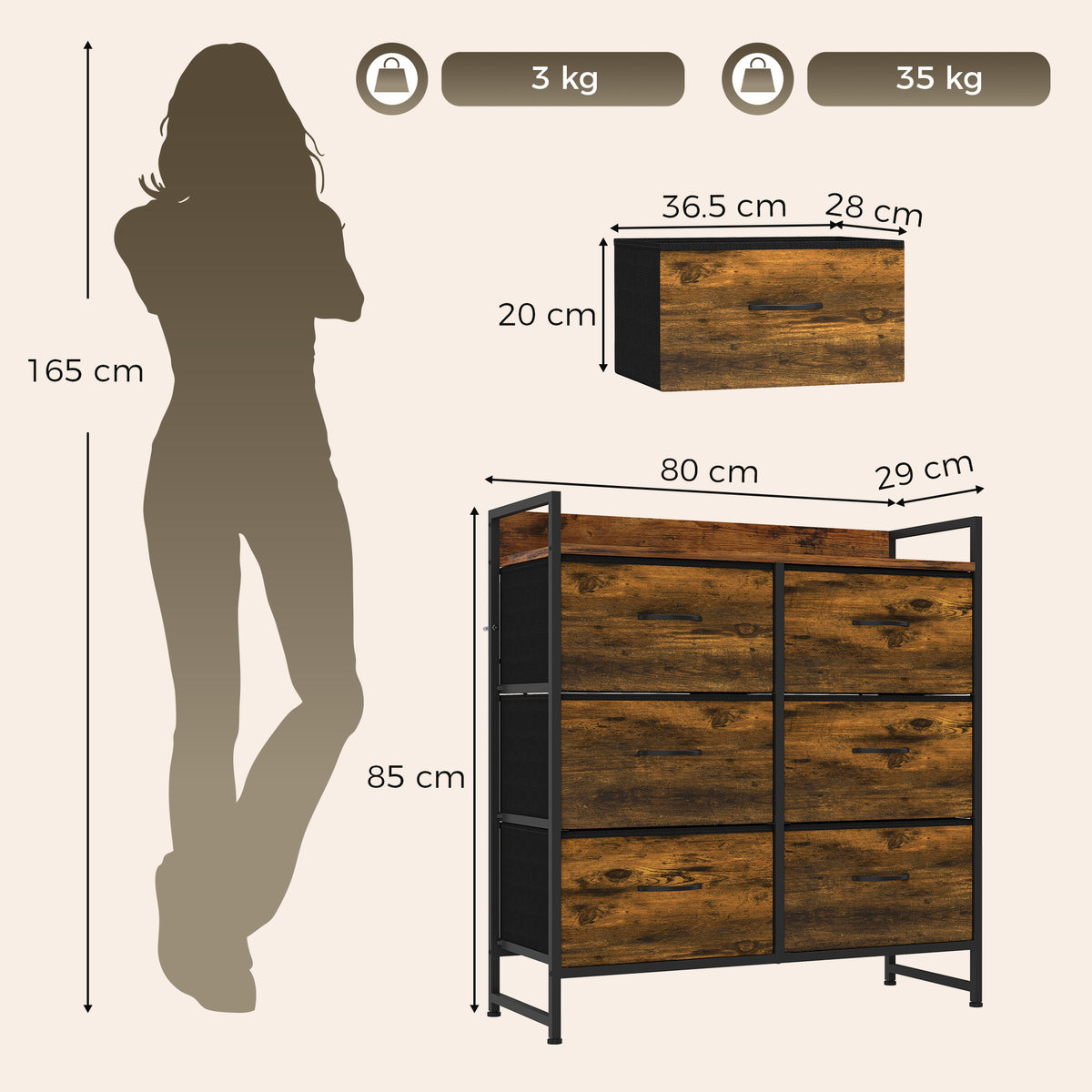 6-Drawer Fabric Chest with Top Shelf and Steel Frame - Rustic Brown & Black