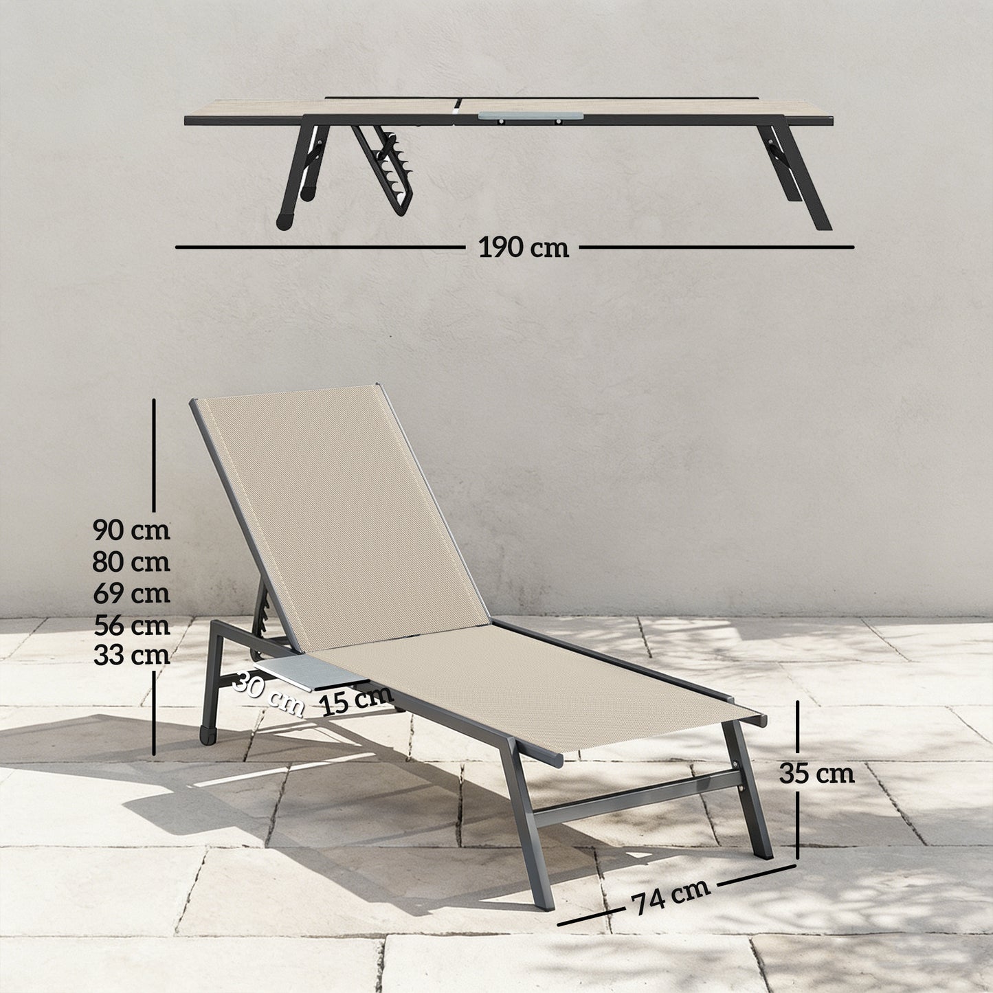 Sun Loungers for Garden Set of 2 with Side Tray Table, Khaki
