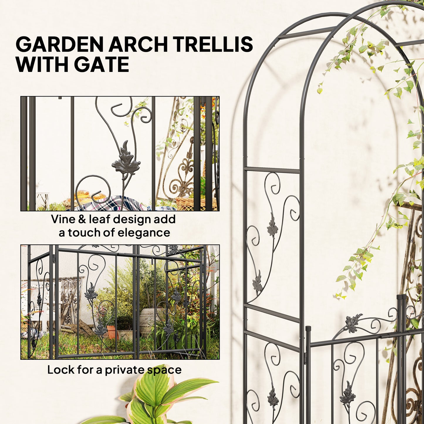 2.17m Steel Garden Arch with Double Gate, Garden Arbor Trellis, Black
