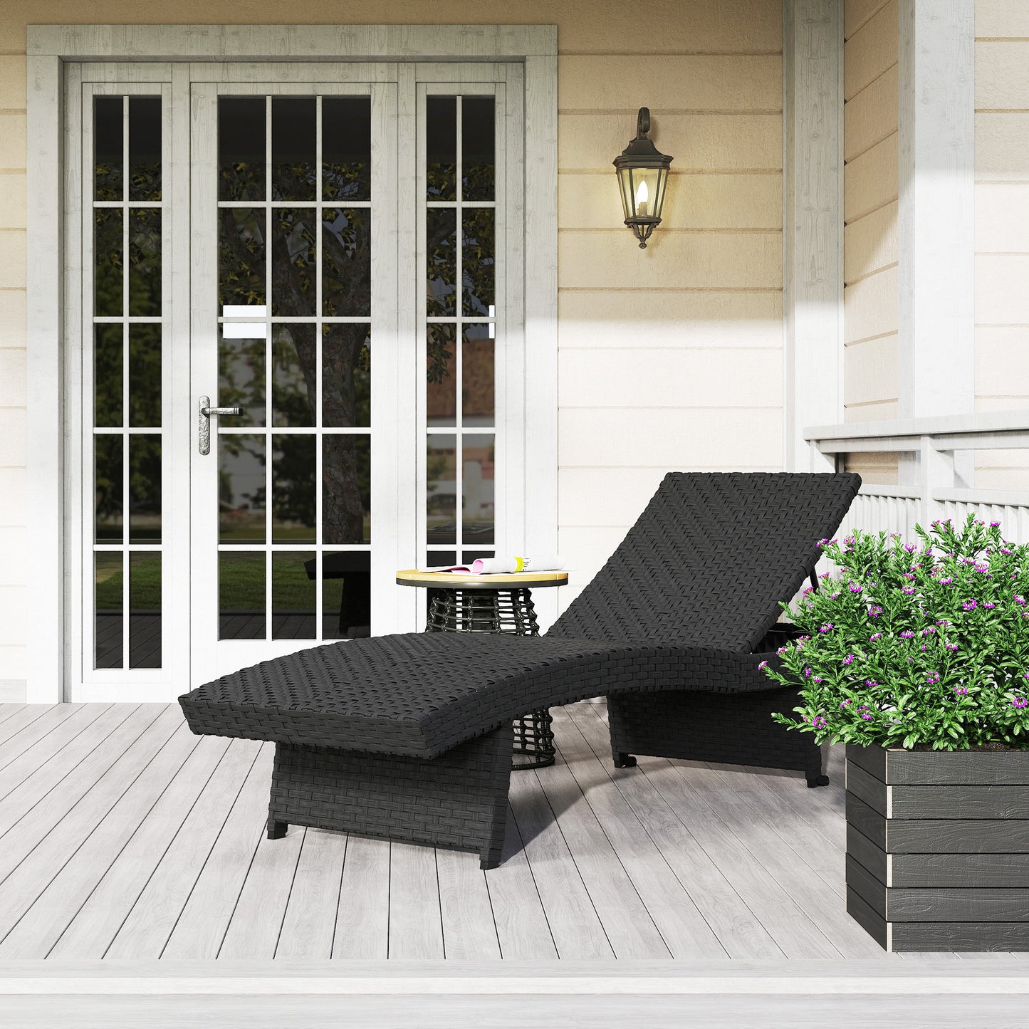 PE Rattan Sun Lounger with 4-Level Adjustable Backrest, Black