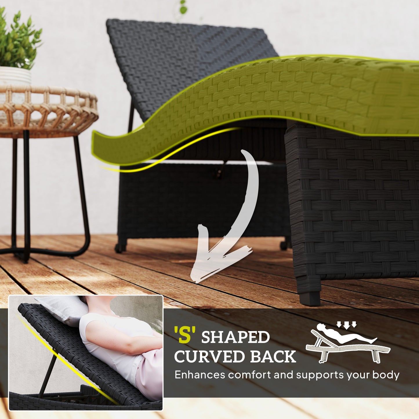 PE Rattan Sun Lounger with 4-Level Adjustable Backrest, Black