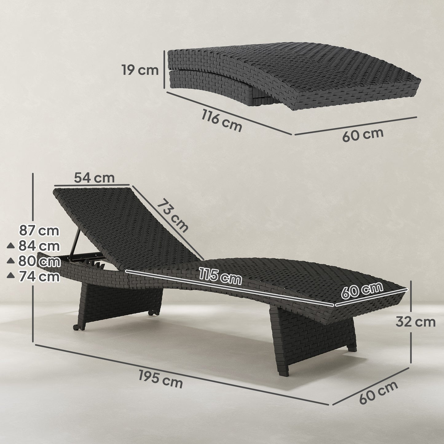 PE Rattan Sun Lounger with 4-Level Adjustable Backrest, Black