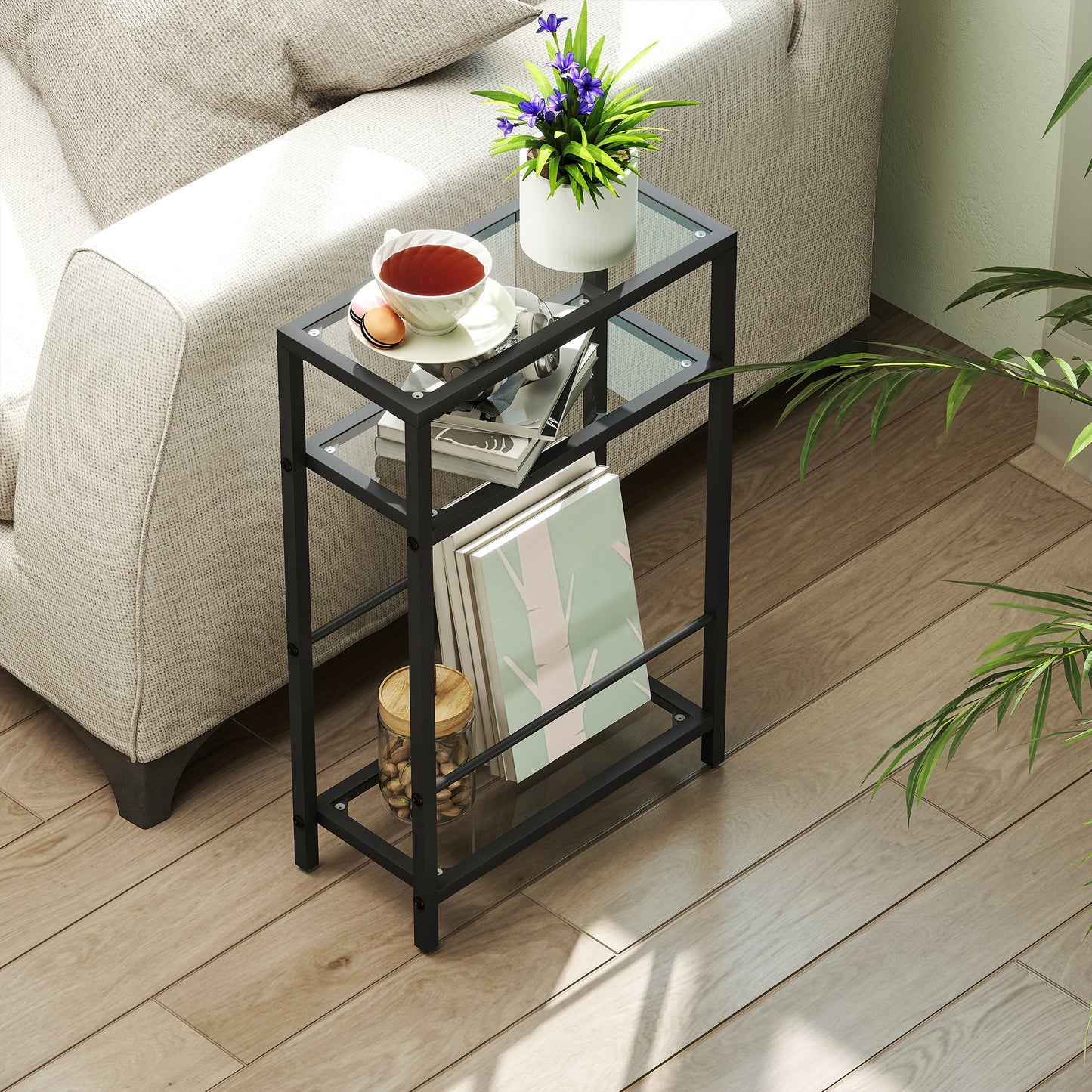 Slim Side Table, End Table with Tempered Glass Tabletop, Black
