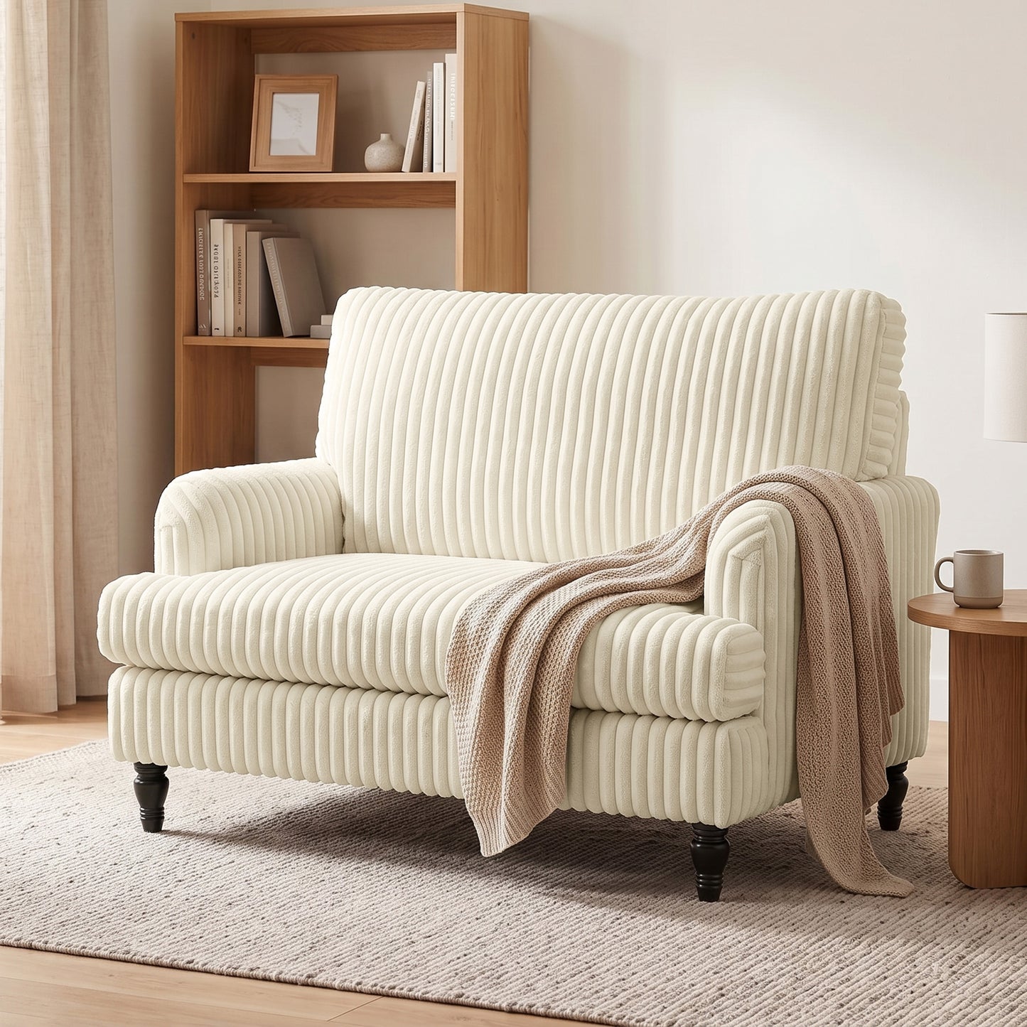 Corduroy Single Sofa Armchair with Stripes, Cream