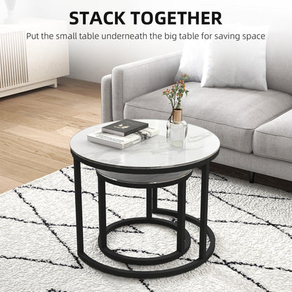 Glass Coffee Table Set of 2, Round Nest of Tables, White
