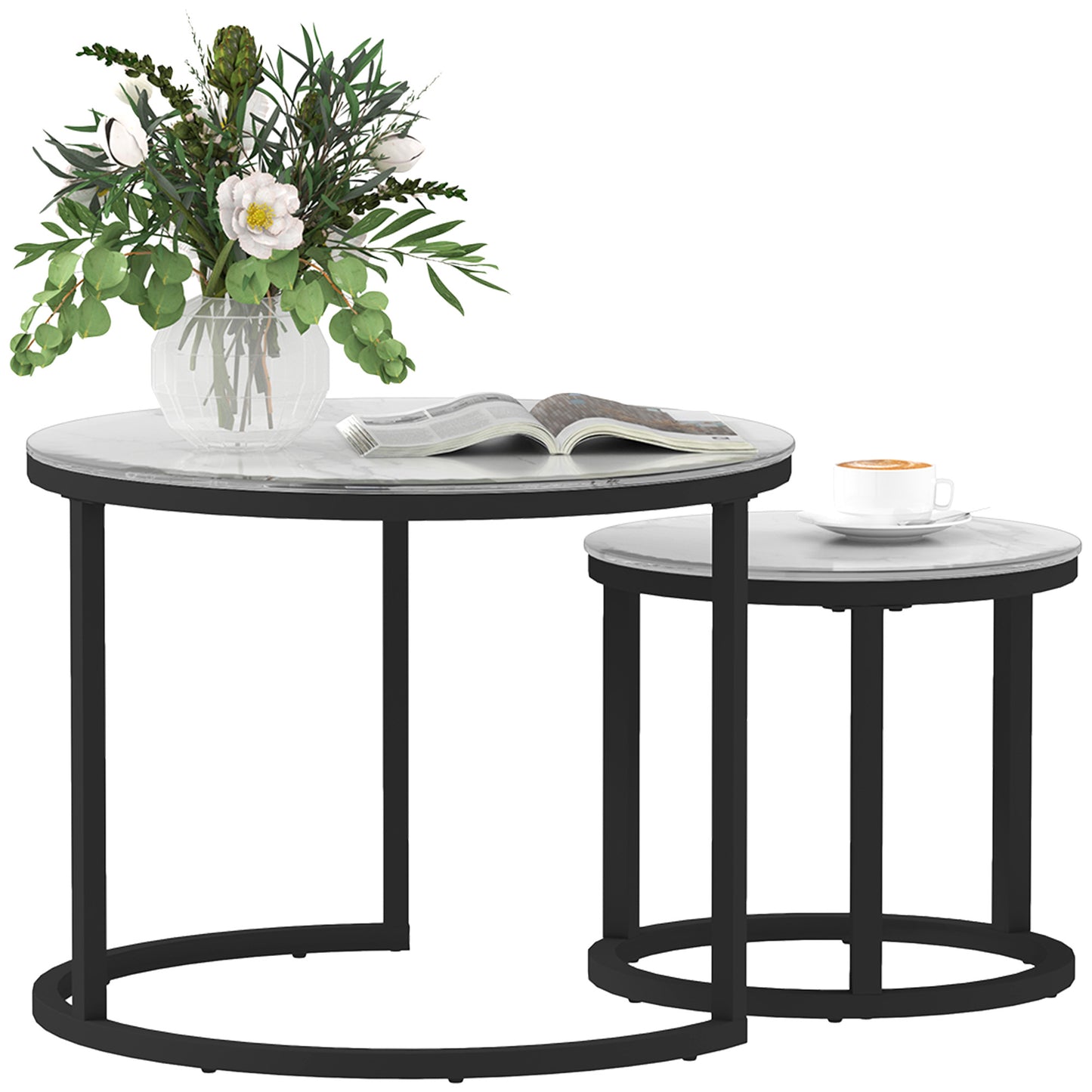 Glass Coffee Table Set of 2, Round Nest of Tables, White