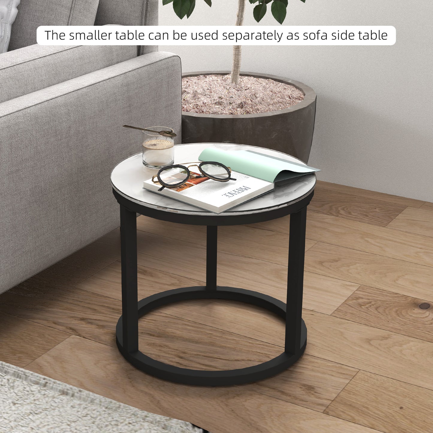 Glass Coffee Table Set of 2, Round Nest of Tables, White