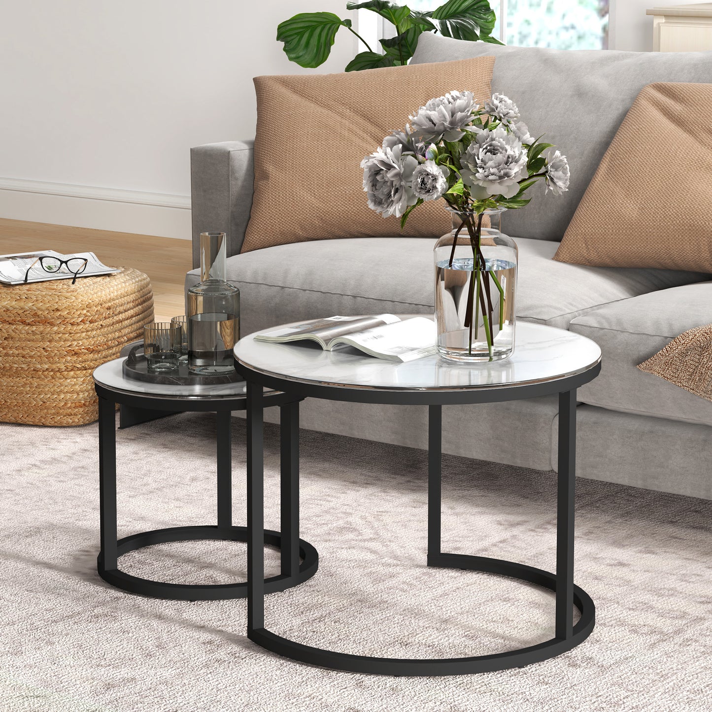 Glass Coffee Table Set of 2, Round Nest of Tables, White