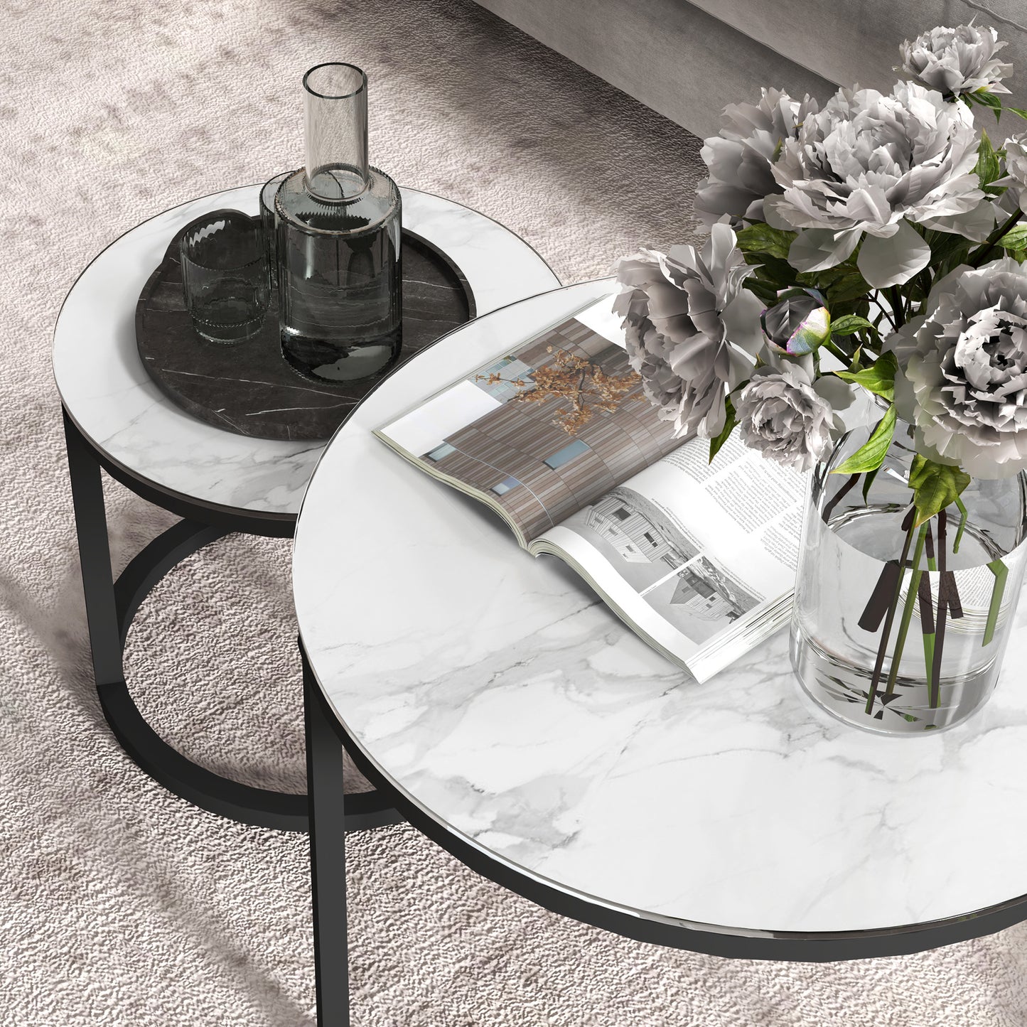 Glass Coffee Table Set of 2, Round Nest of Tables, White