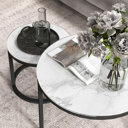 Glass Coffee Table Set of 2, Round Nest of Tables, White