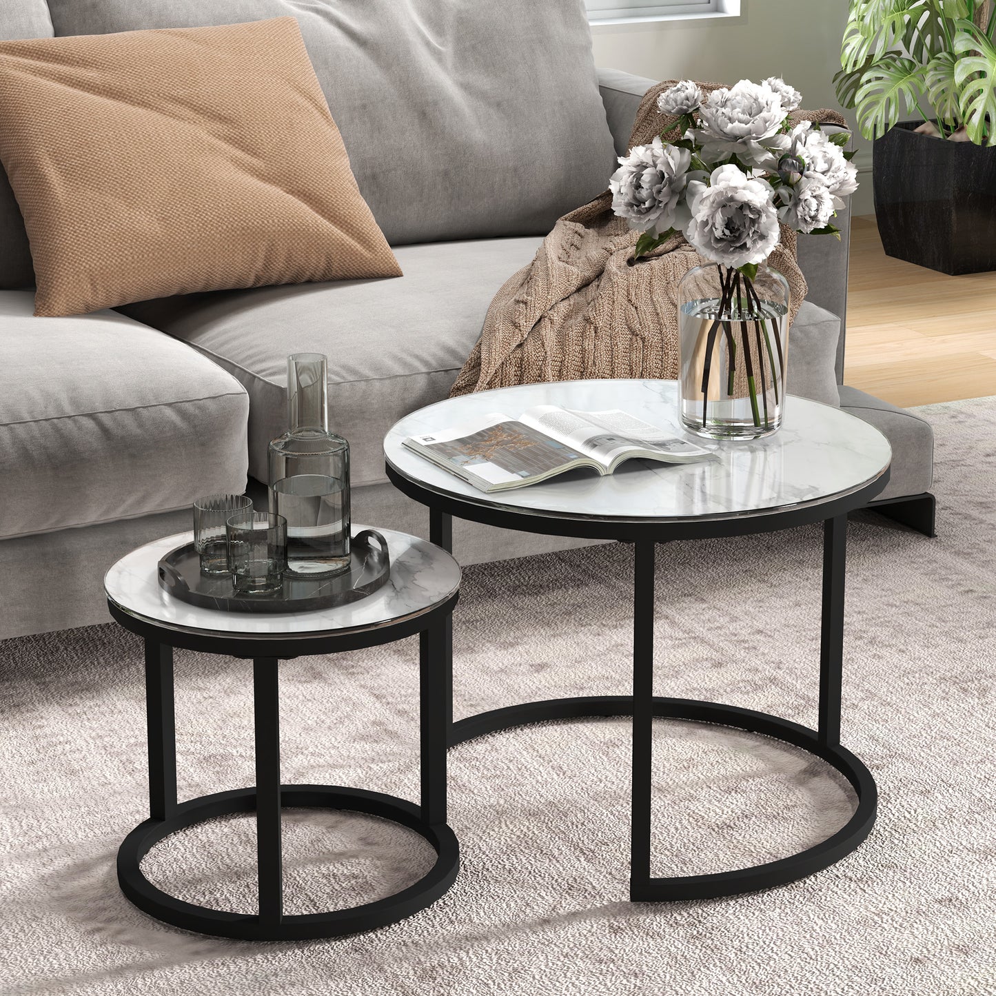 Glass Coffee Table Set of 2, Round Nest of Tables, White