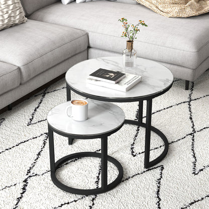 Glass Coffee Table Set of 2, Round Nest of Tables, White