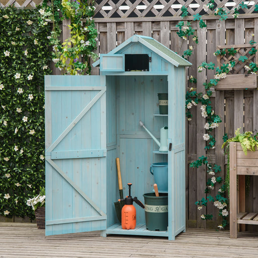 Garden Shed Vertical Utility 3 Shelves Shed Wood Outdoor Garden Tool Storage Unit Storage Cabinet, 77 x 54.2 x 179cm - Blue