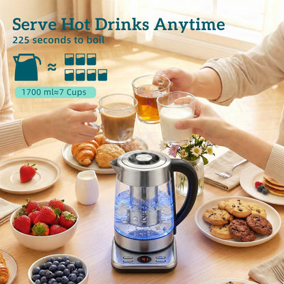 Electric Kettle, 1.7L Fast Boil 3KW Water Kettle with UK Strix Thermostat, Tea Infuser, Keep Warm Function, Auto Shut-off and Boil-Dry Protection, Silver Tone
