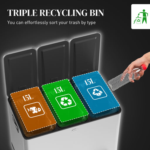 3 x 15L Triple Kitchen Bin Pedal Bin for Recycling and Waste, Silver