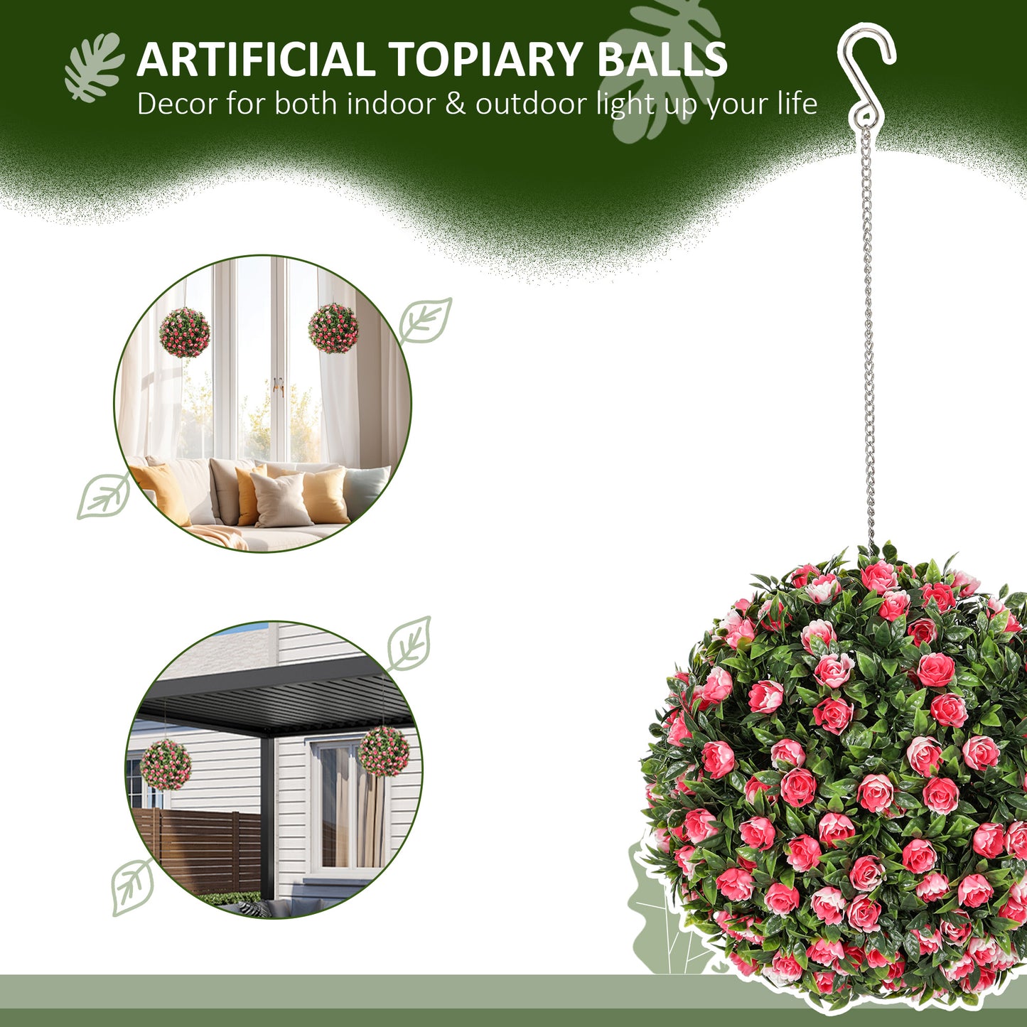 Set of 2 Artificial Plant Topiary Rose Balls, Faux Plants, Pink