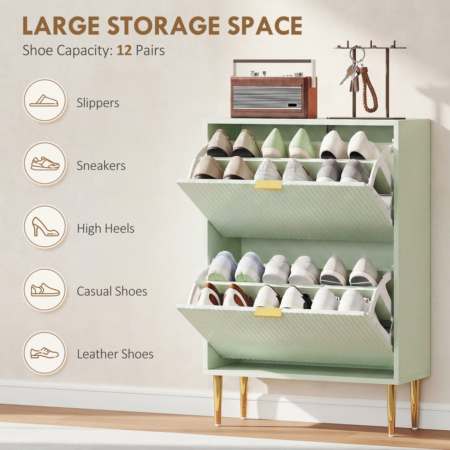 Narrow Shoe Cabinet with 2 Flip Drawers, Modern Slim Shoe Storage Cabinet with Fluted Doors and Adjustable Shelves for Hallway, Holds 6-12 Pairs, Light Green