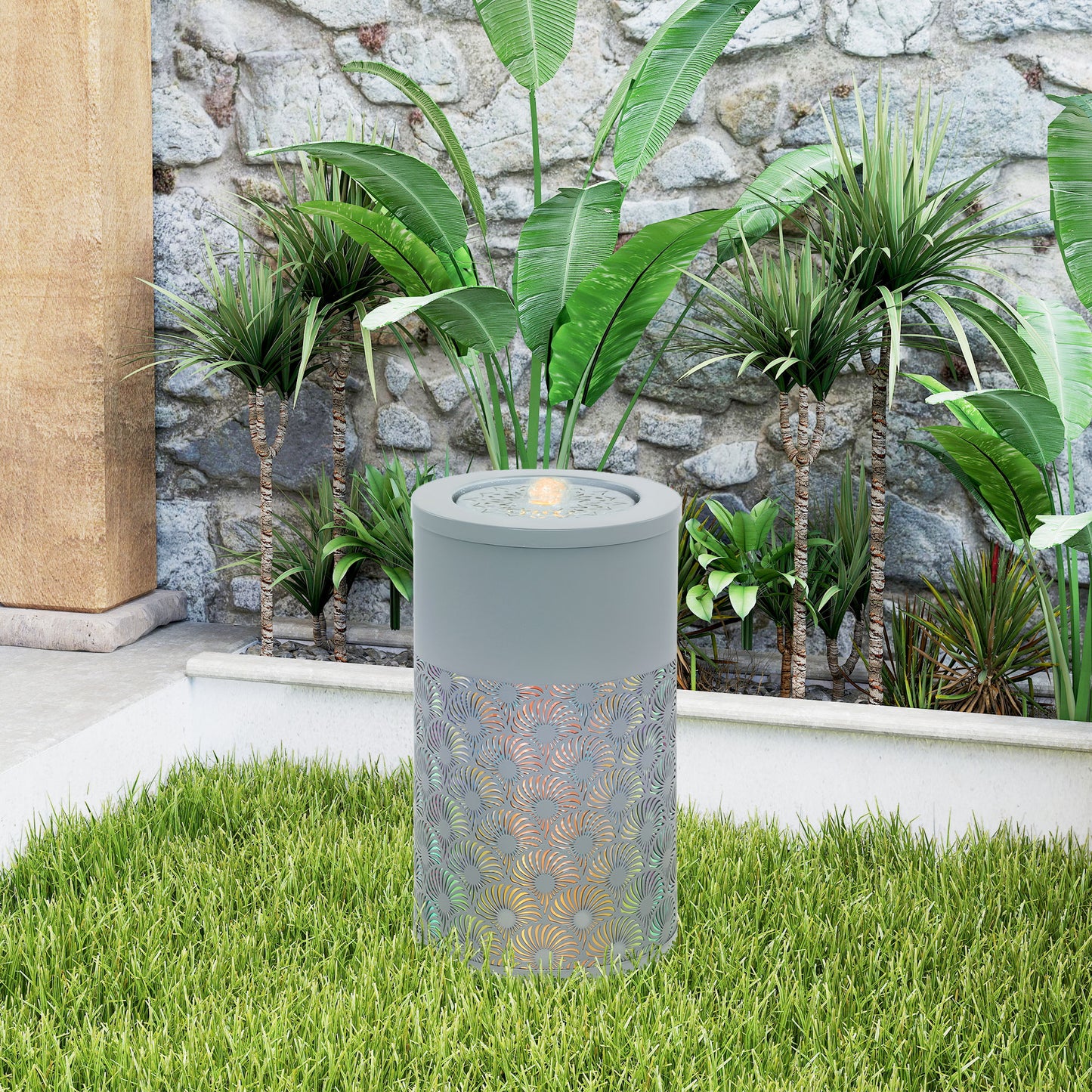 Outdoor Waterfall Fountain Water Feature with LED, Light Grey