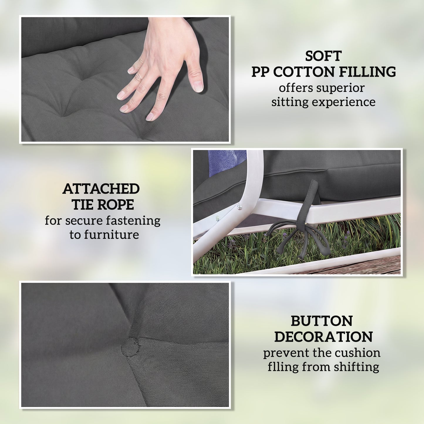 Garden Bench Cushion, Seat Pad with Ties, Black