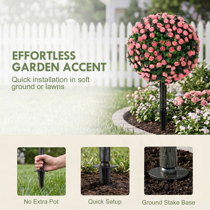 Set of 2 55 cm Artificial Rose Topiary with Ground Stake, UV-Resistant Fake Plants with 306 Roses and Leaves for Indoor Outdoor Home Office Garden Decor, Pink