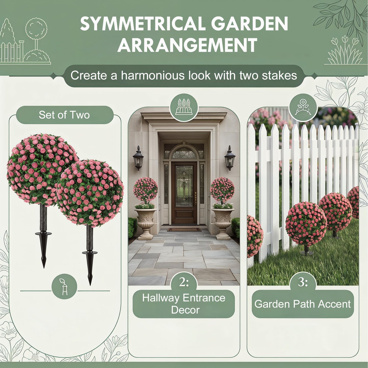 Set of 2 55 cm Artificial Rose Topiary with Ground Stake, UV-Resistant Fake Plants with 306 Roses and Leaves for Indoor Outdoor Home Office Garden Decor, Pink