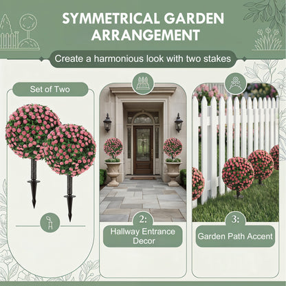 Set of 2 55 cm Artificial Rose Topiary with Ground Stake, UV-Resistant Fake Plants with 306 Roses and Leaves for Indoor Outdoor Home Office Garden Decor, Pink