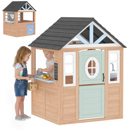 Playhouse for Kids, Wooden Wendy House with Pet Door, Play Kitchen, Half Door and Windows for Indoor Outdoor Pretend Play Fun, Ages 2+, Natural Wood