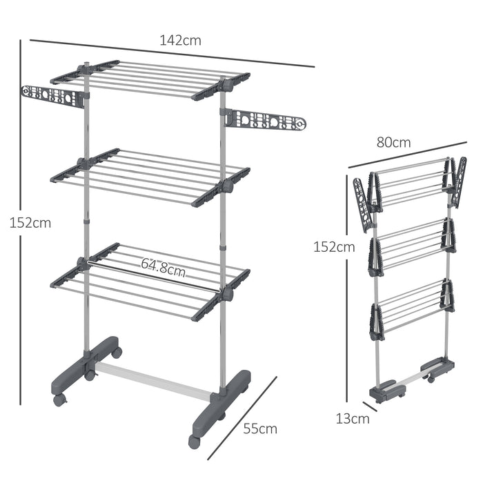 3-Tier Large Clothes Airer Stainless Steel Clothes Drying Rack Grey