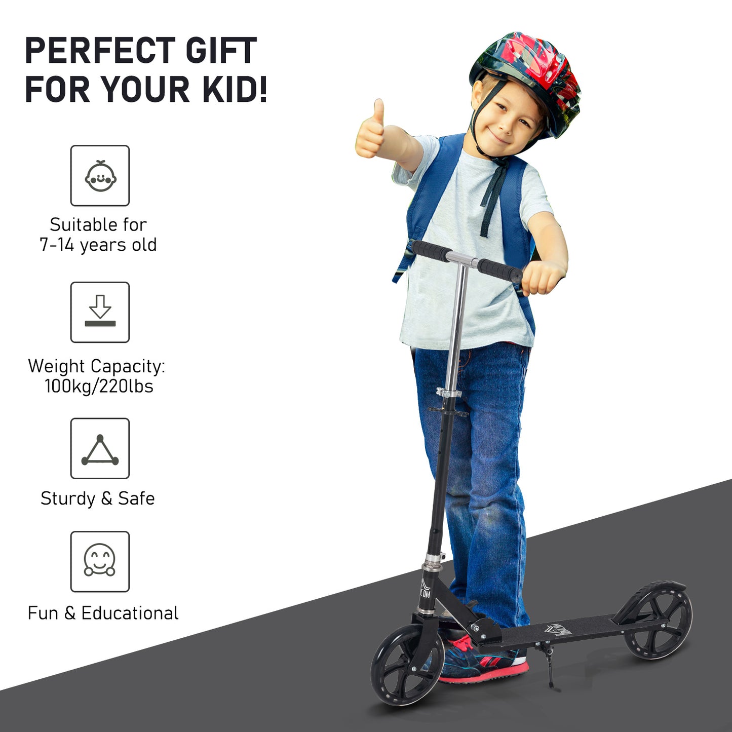 Kids Scooter Ride On Toy Height Adjustable For 7-14 Years, Black