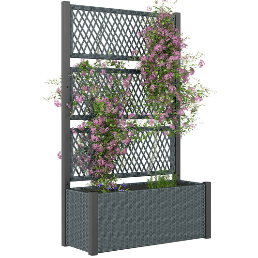 Garden Planter Box with Trellis, Rattan Raised Bed, Charcoal Grey