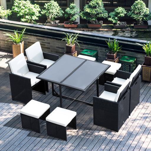 9PC Garden Rattan Dining Set Outdoor Patio Dining Table Set Weave Wicker 8 Seater Stool Black