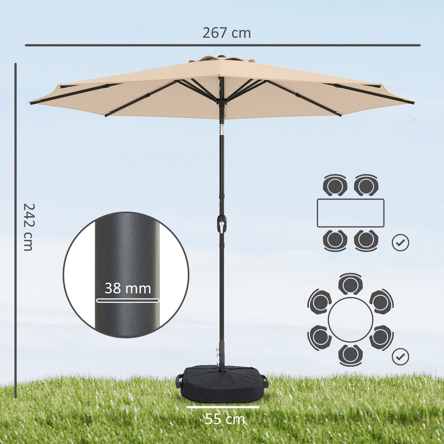 2.7 m Garden Parasol Umbrella with Cross Base, Sandbag, Khaki