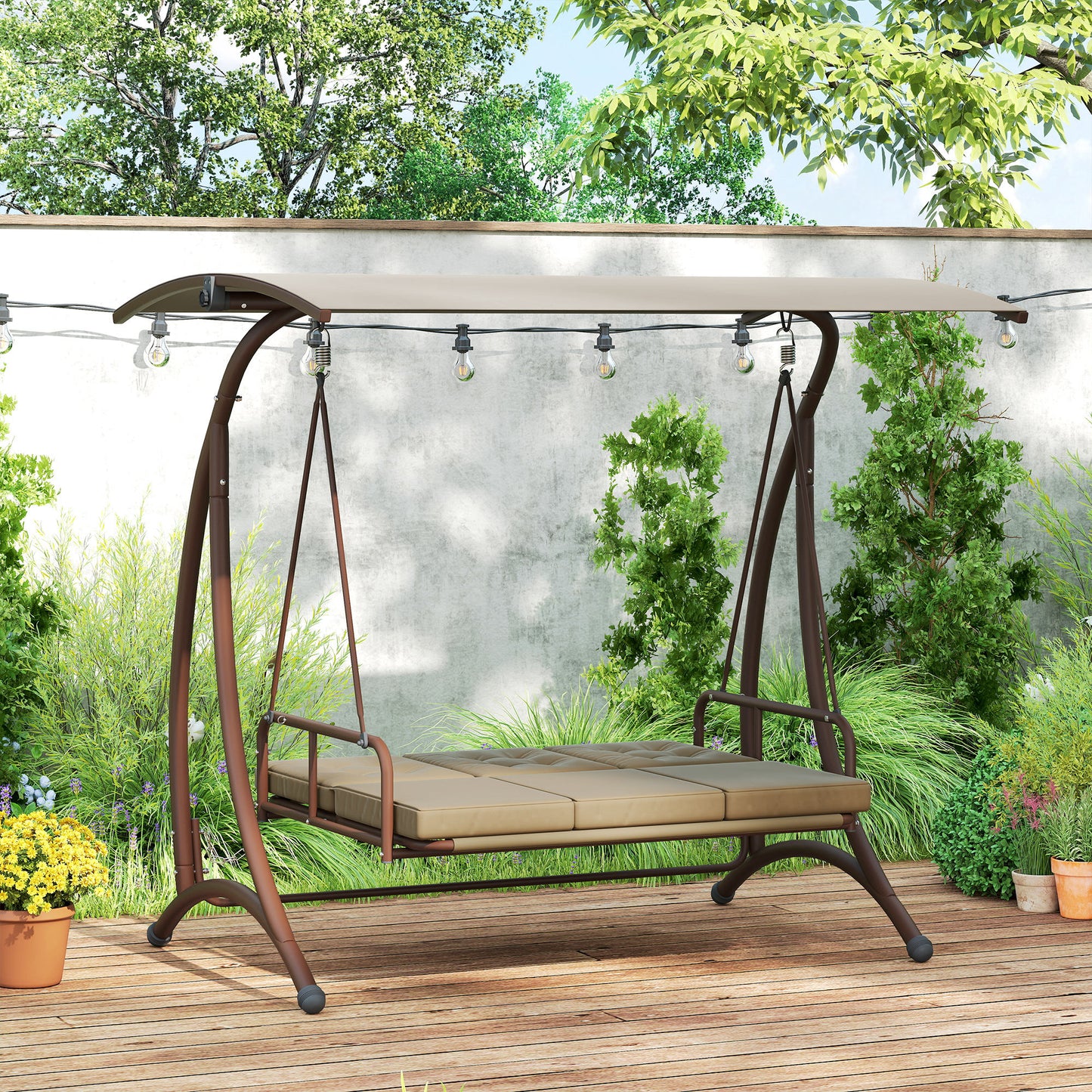 3 Seater Garden Swing Seat Bed with Adjustable Canopy, Khaki