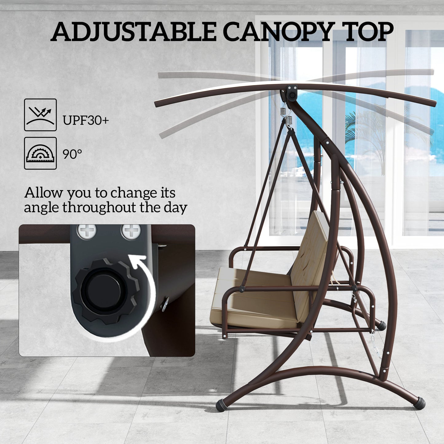 3 Seater Garden Swing Seat Bed with Adjustable Canopy, Khaki