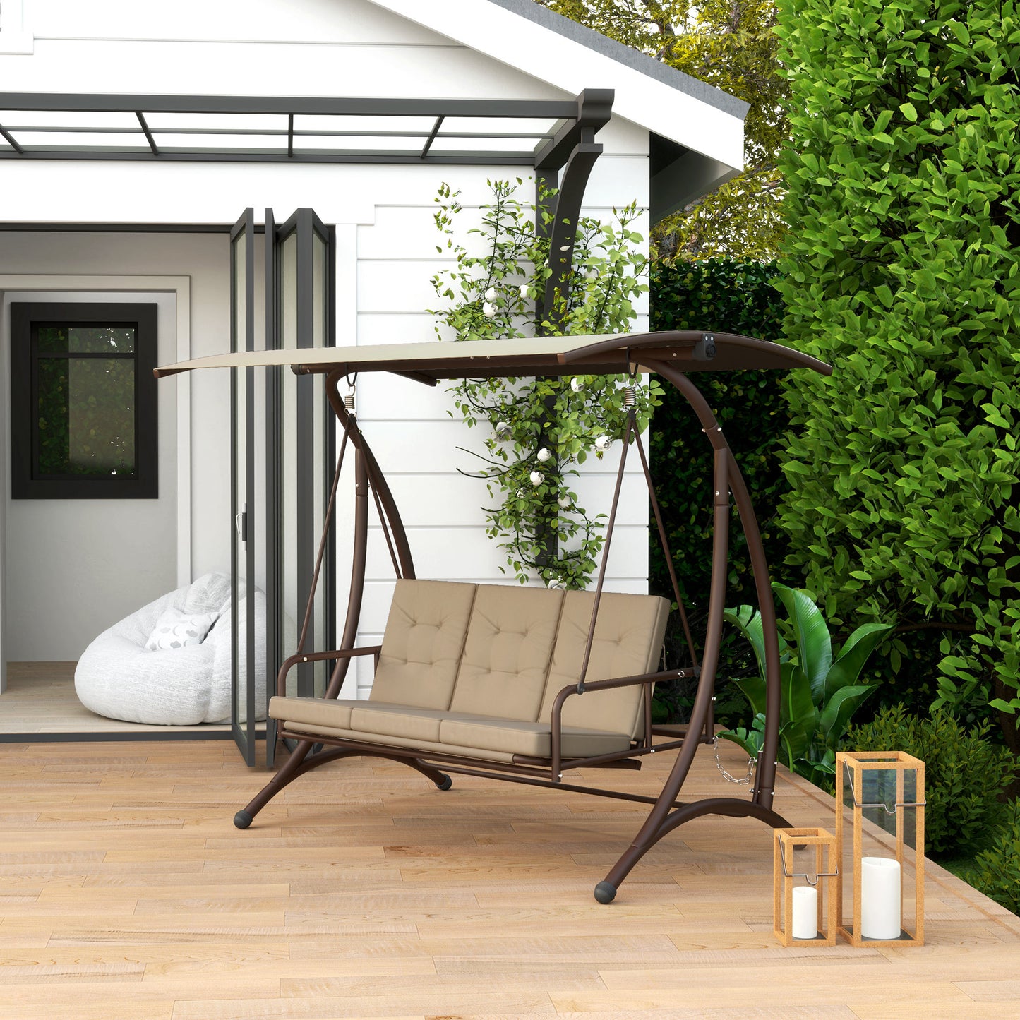 3 Seater Garden Swing Seat Bed with Adjustable Canopy, Khaki