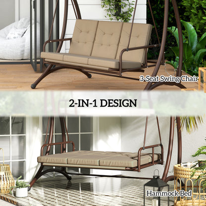 3 Seater Garden Swing Seat Bed with Adjustable Canopy, Khaki
