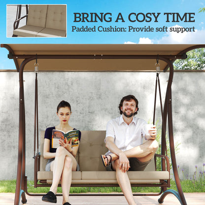 3 Seater Garden Swing Seat Bed with Adjustable Canopy, Khaki