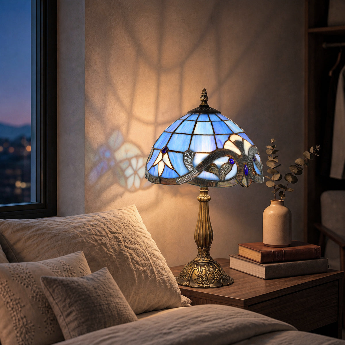 Handcrafted Stained Glass Table Lamp (E27 Bulb Not Included) - Purple & Bronze