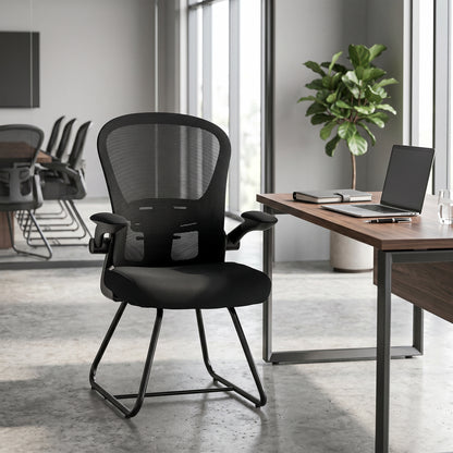 Reception Chair, Conference Meeting Office Chair with Flip-up Armrest, Mesh Backrest, Lumbar Support and Metal Base for Waiting Room Home Office, Black