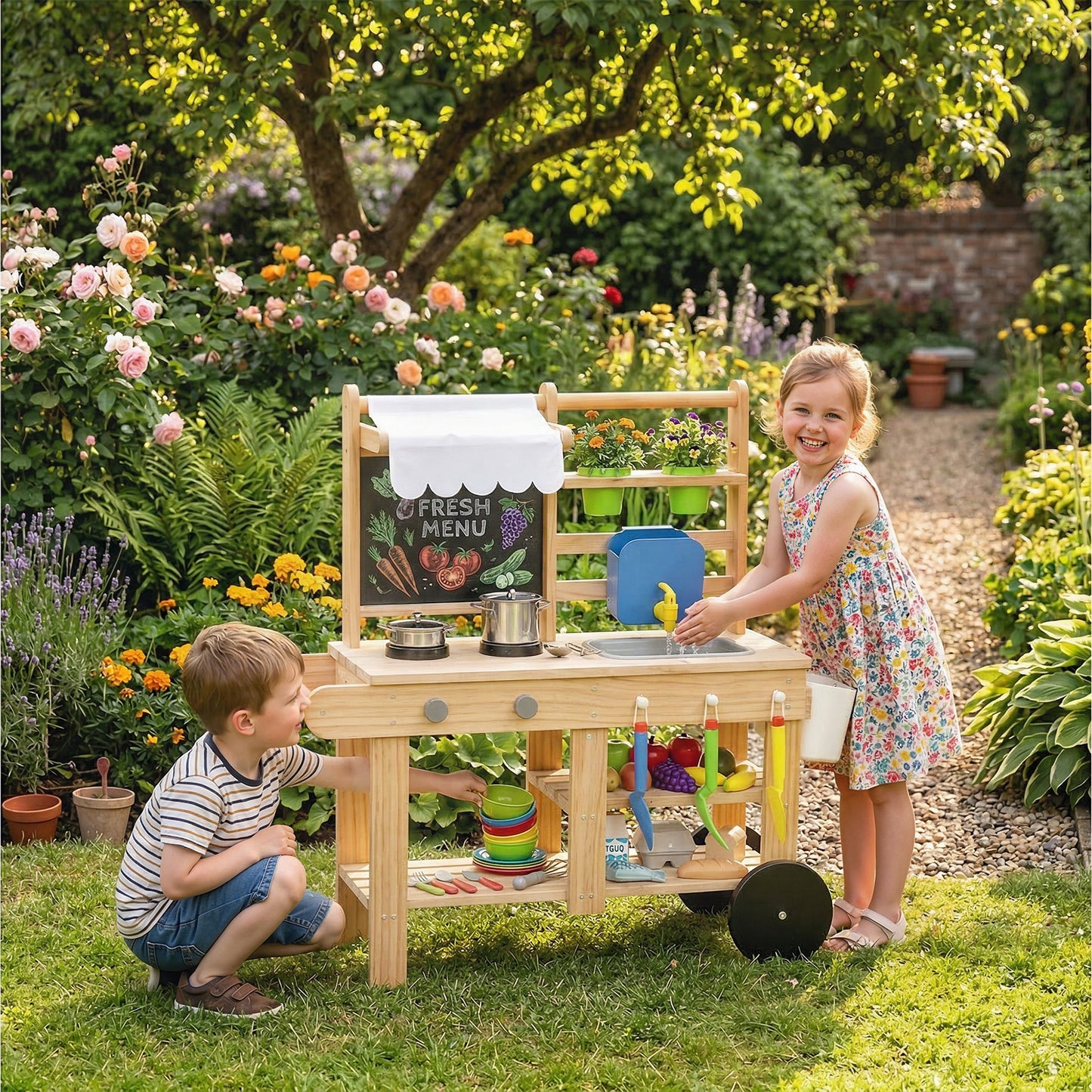 Mud Kitchen with Real Water Faucet Natural Wood