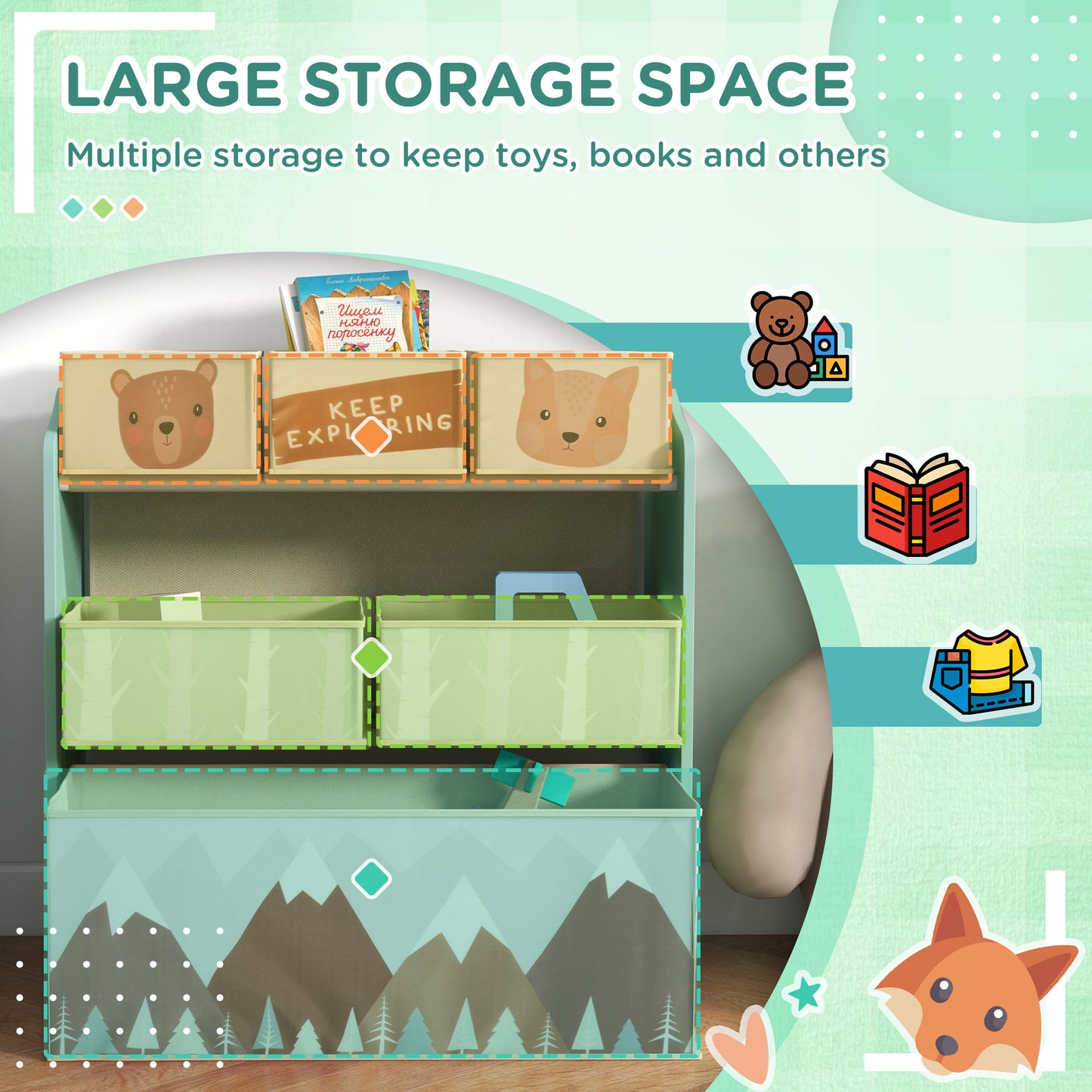 Kids Storage Unit with 6 Boxes, Childrens Toy Storage Organiser, Green