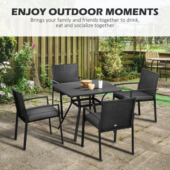 4 Seater Rattan Garden Furniture Set 5 Pieces Outdoor Dining Set with Cushions, Umbrella Hole - Black